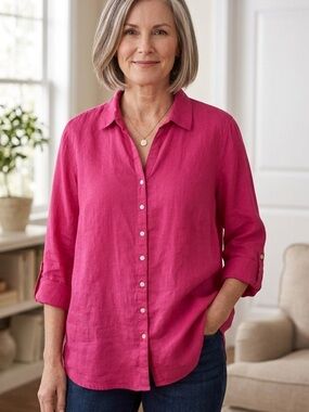 Sigrid Olsen Linen Fuchsia Button-Front Linen Shirt